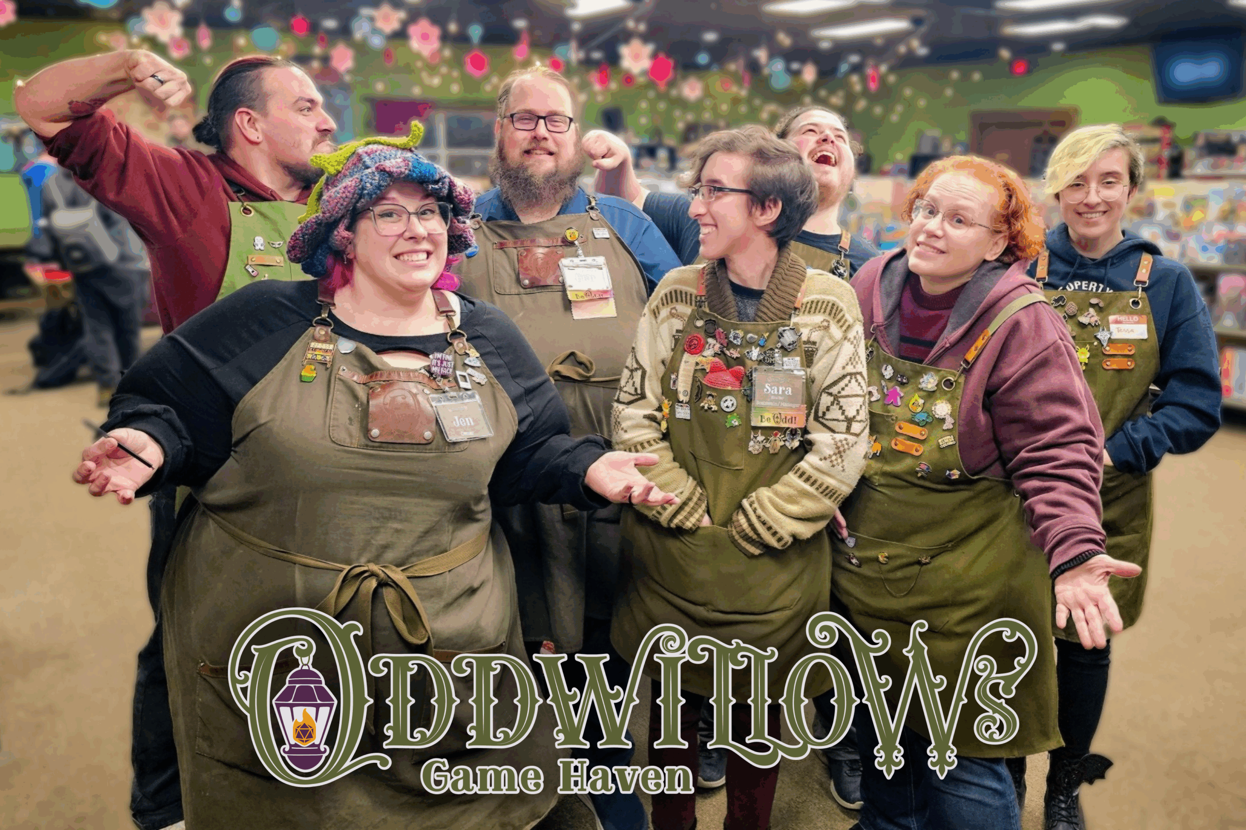 An Image depicting the Oddwillow's crew and the Oddwillow's Logo